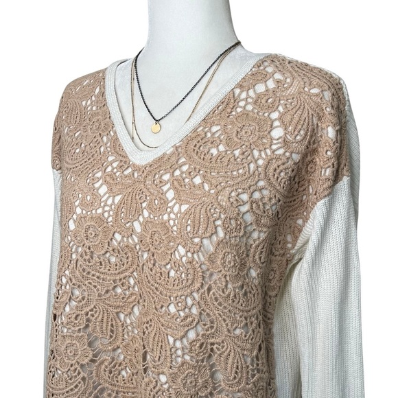 Chico’s Sweater Christina Lace Front Pullover Ecru Ivory Tan 8 Medium M - Picture 3 of 12
